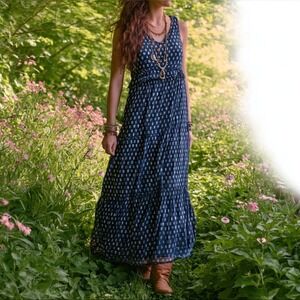 Lucky Brand Navy Blue Rayon Boho Tiered Maxi Dress Sleeveless - Size XL